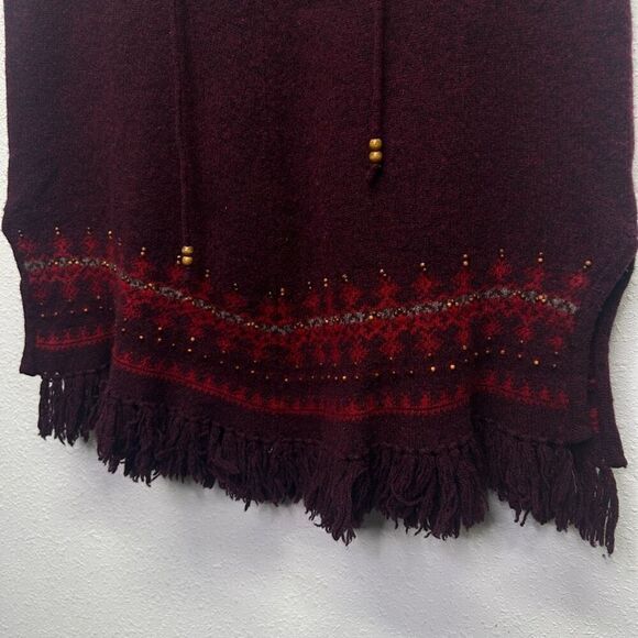 SO GSJC Women's Vintage Lambswool Hooded Poncho Red Fringe Fair Isle Beaded OS - Picture 3 of 12